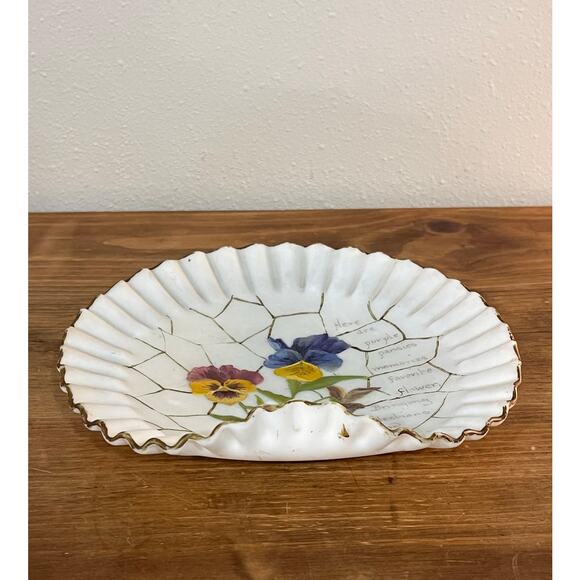 Antique Hand Painted Pansy Plate “Here Are Purple Pansies” Verse Victorian Motto - Picture 5 of 7